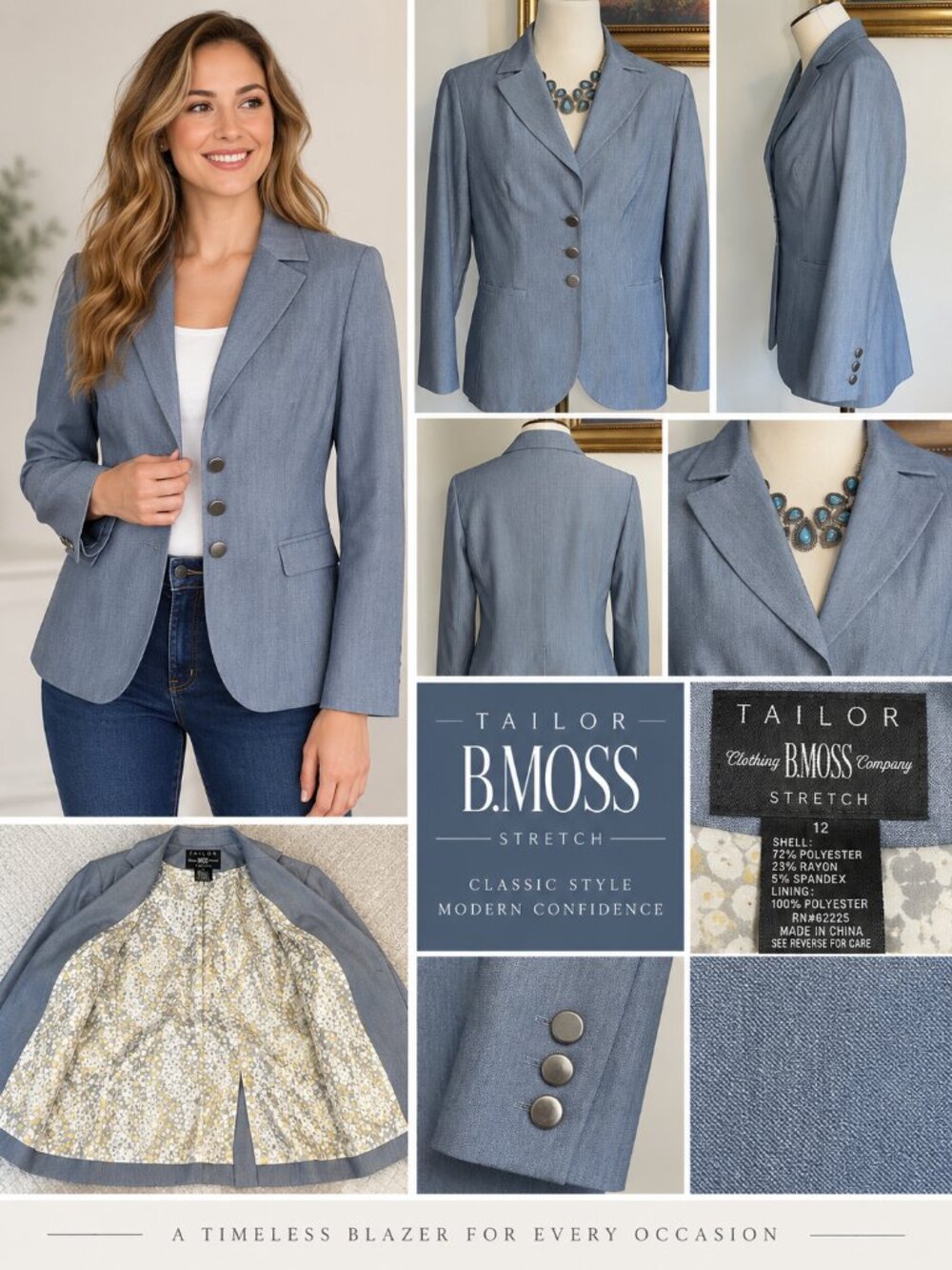 Tailor B.Moss Stretch Gray Blue Blazer Women’s Size 12 3 Button Jacket